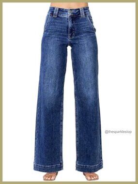 High Waisted Wide Leg Straight Jeans - Tummy Control Stretch Denim